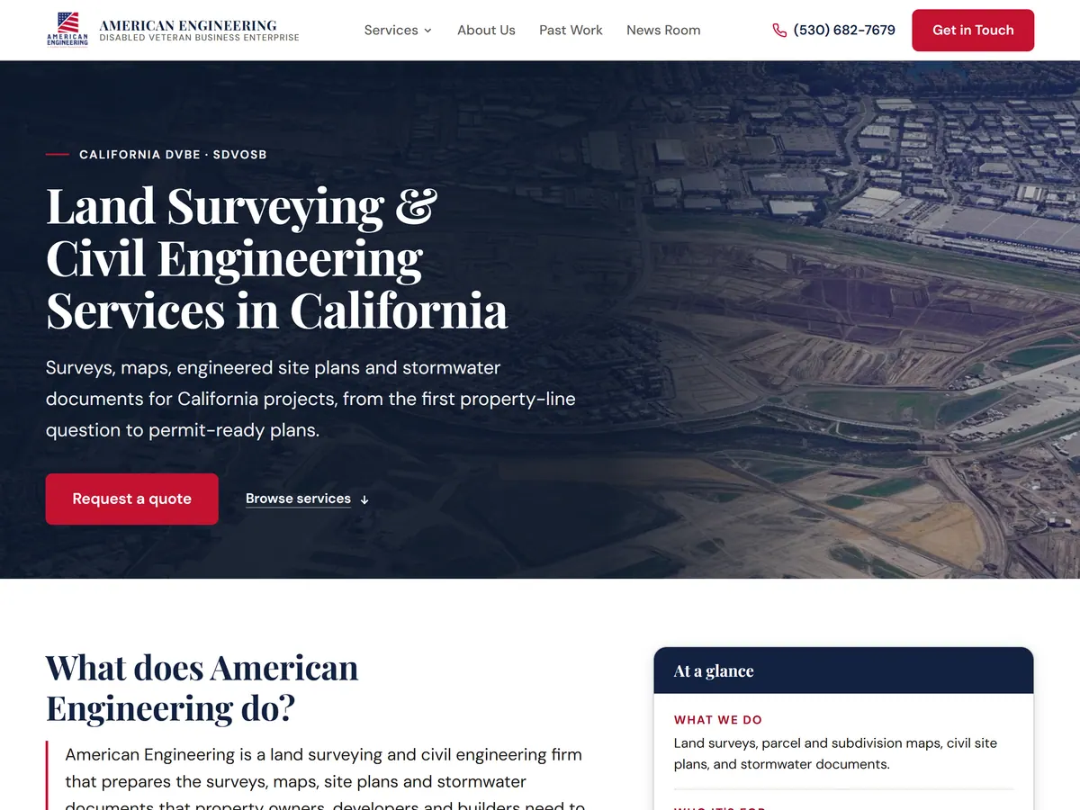 American Engineering homepage: the serif headline "Land Surveying & Civil Engineering Services in California" and a Request a quote button over an aerial photo of a graded development.