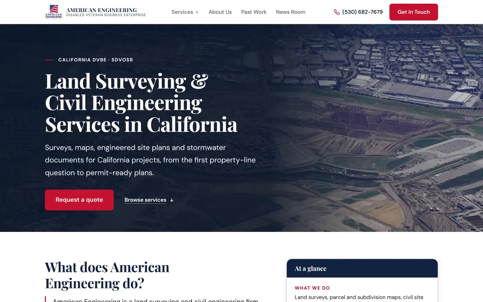 American Engineering’s shipped homepage on desktop: the serif headline “Land Surveying & Civil Engineering Services in California” over a dusk aerial of graded land, with a Request a quote button.