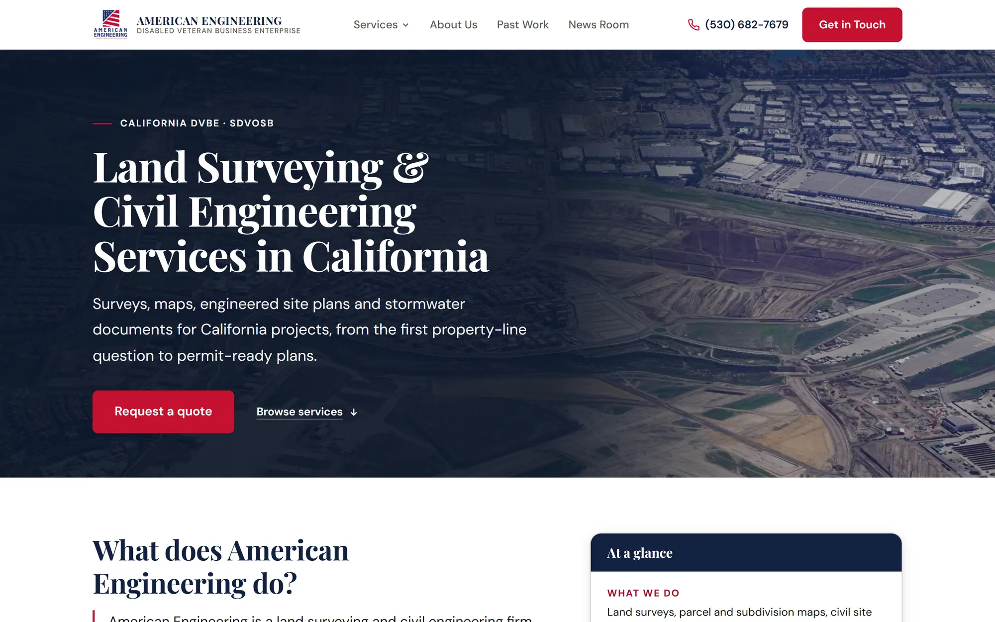 American Engineering's shipped homepage on desktop: the serif headline "Land Surveying & Civil Engineering Services in California" over a dusk aerial of graded land, with a Request a quote button.