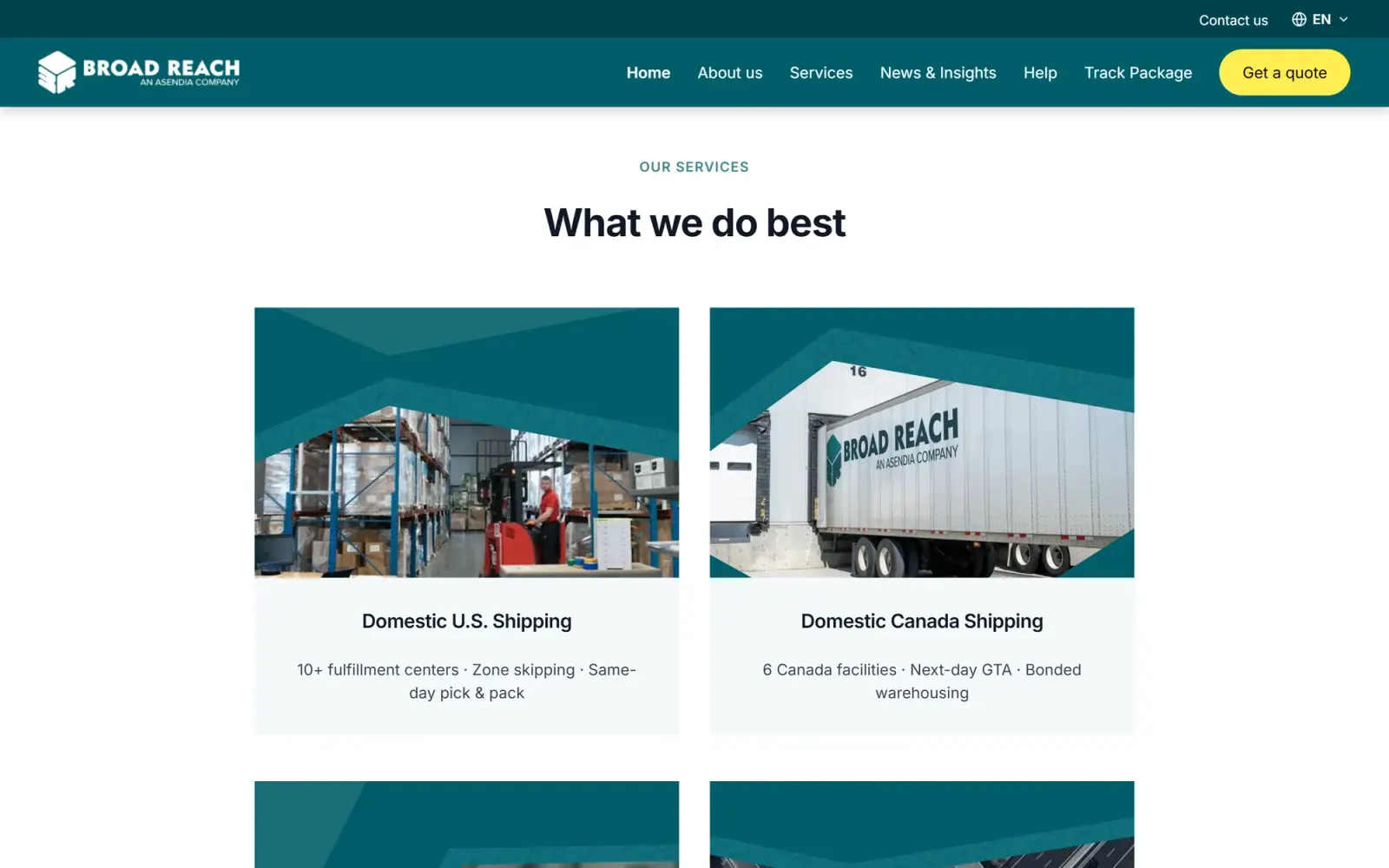 The cross-border shipping company’s homepage on desktop, scrolled to “What we do best”: a forklift in a warehouse aisle under Domestic U.S. Shipping beside the company’s branded trailer at a loading dock under Domestic Canada Shipping.