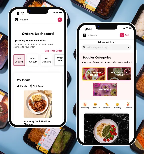 Two Craveble mobile app screens, an orders dashboard with scheduled deliveries and a popular-categories browse view, in phones laid over Craveble meal trays.
