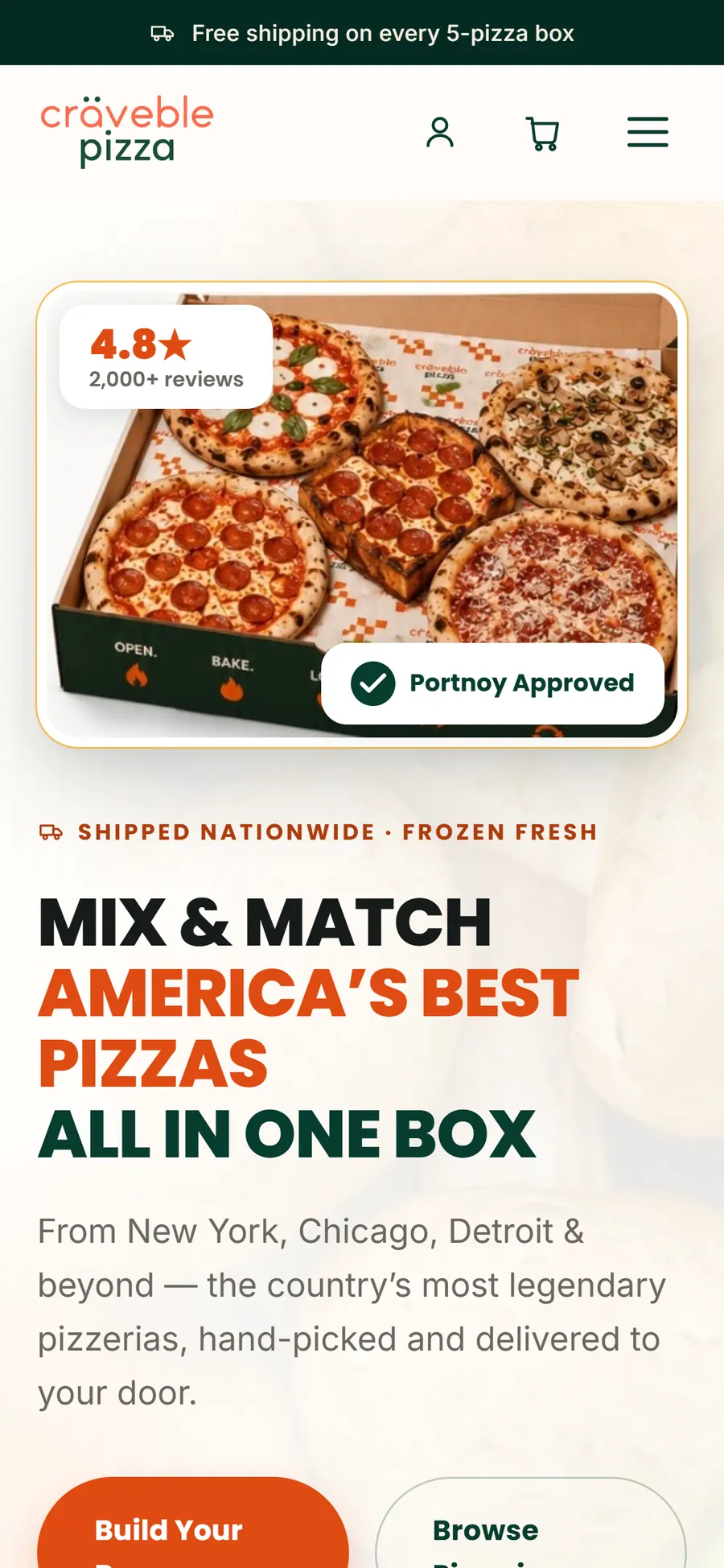 Craveble Pizza storefront on a phone: a photo of a five-pizza box above the "Mix & match America's best pizzas" headline.