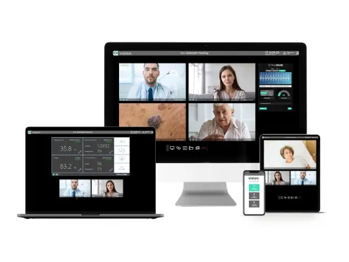 A telehealth platform on a desktop, laptop, tablet and phone: a multi-party video consultation with a vitals panel, a vitals dashboard and a mobile join screen.