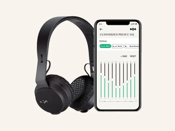 House of Marley on-ear headphones beside a phone showing the Marley app's custom equalizer preset screen, on a warm cream background.