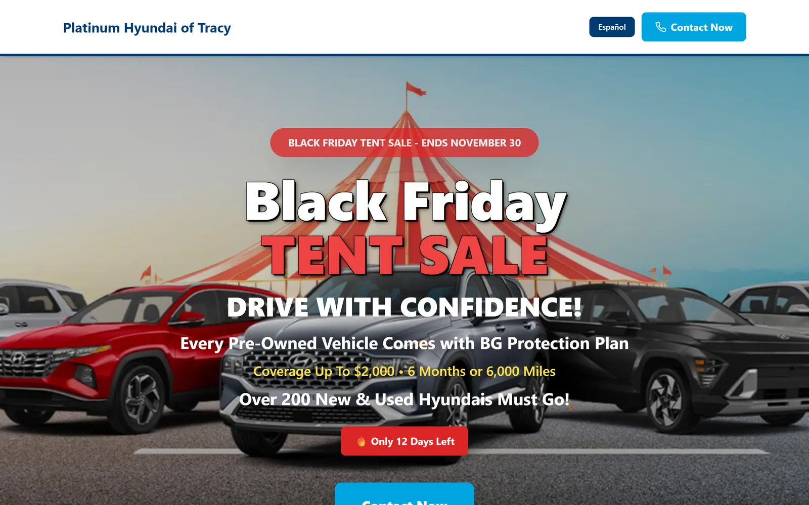 The Black Friday Tent Sale page, the same campaign engine redeployed: bold Black Friday Tent Sale headline over three Hyundai SUVs in front of a striped big top, with an Only 12 Days Left countdown button.