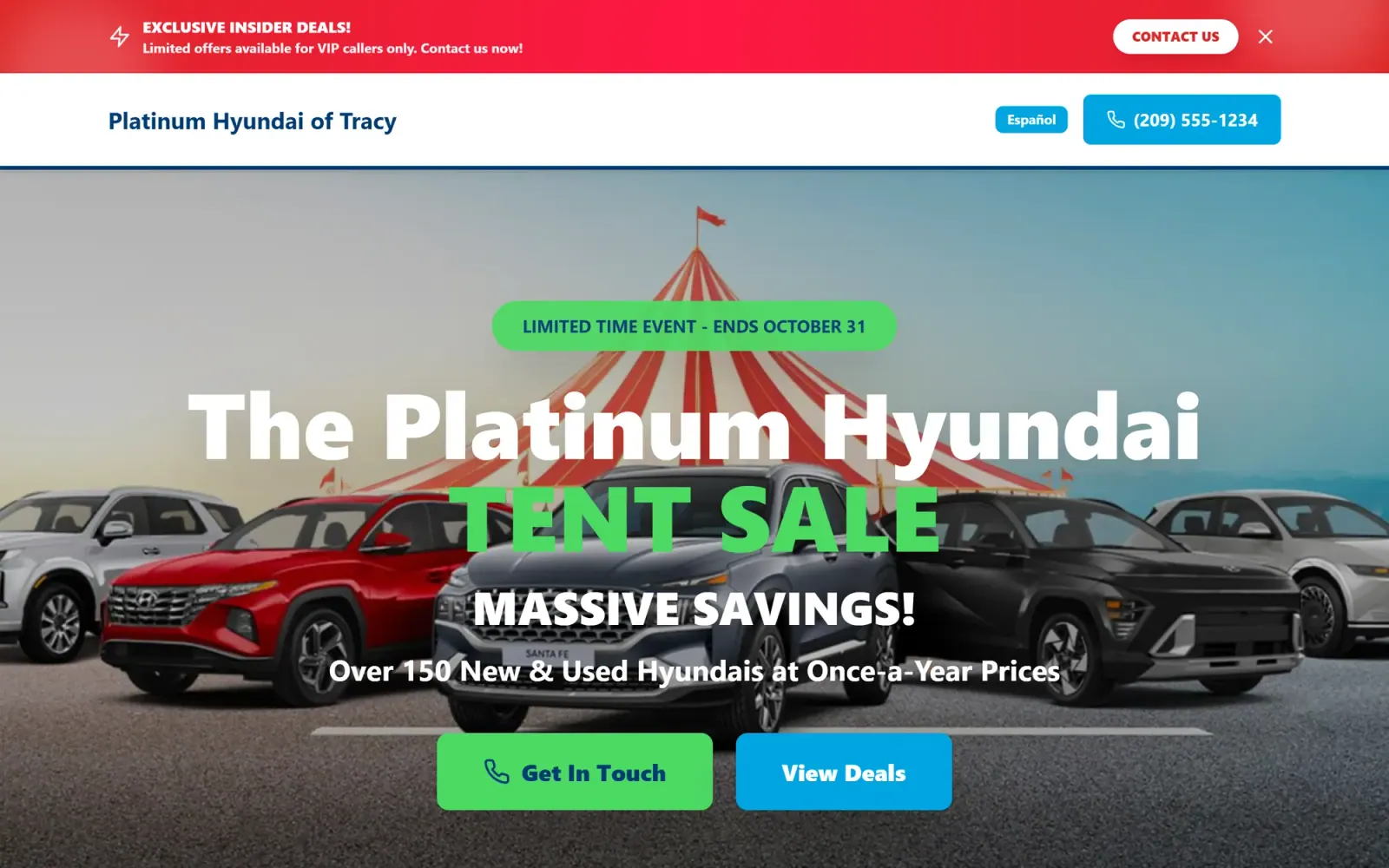 Platinum Hyundai Tent Sale landing page: "The Platinum Hyundai Tent Sale, Massive Savings!" over five Hyundais parked in front of a red-and-white big top, with Get In Touch and View Deals buttons.