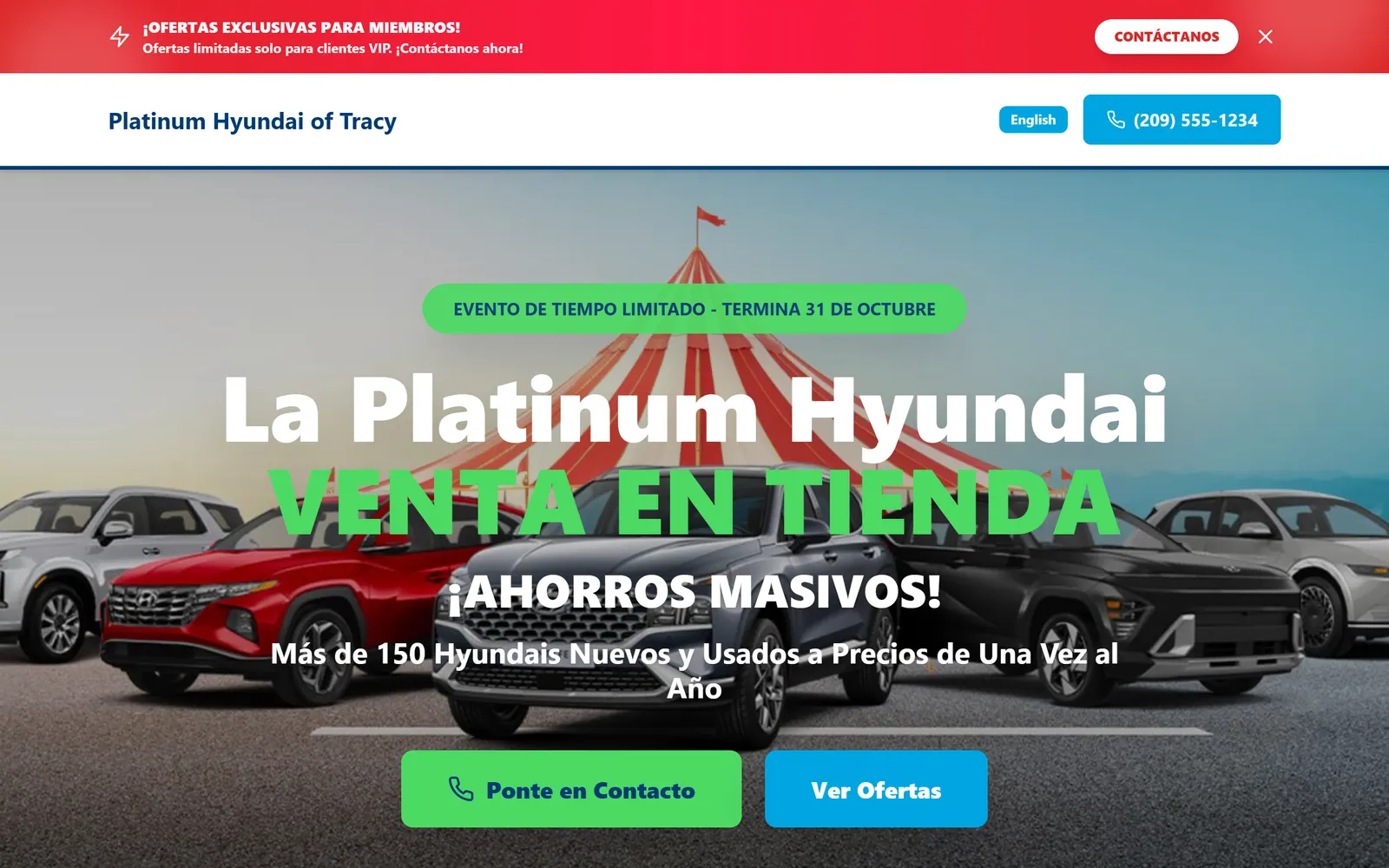 The same Tent Sale page served in Spanish: "La Platinum Hyundai Venta en Tienda, ¡Ahorros Masivos!" with Ponte en Contacto and Ver Ofertas buttons.