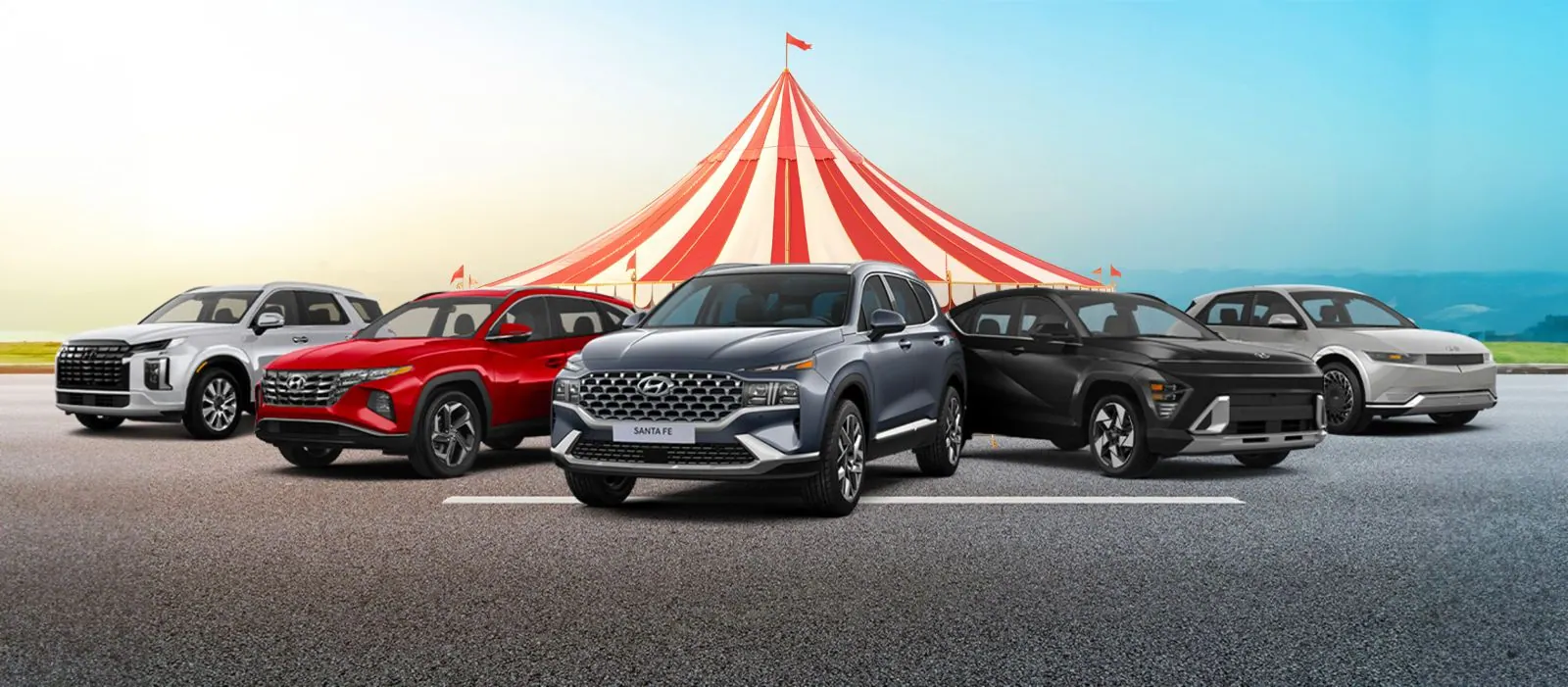 Tent Sale campaign key art: a lineup of new Hyundais parked in front of a red-and-white big-top tent.
