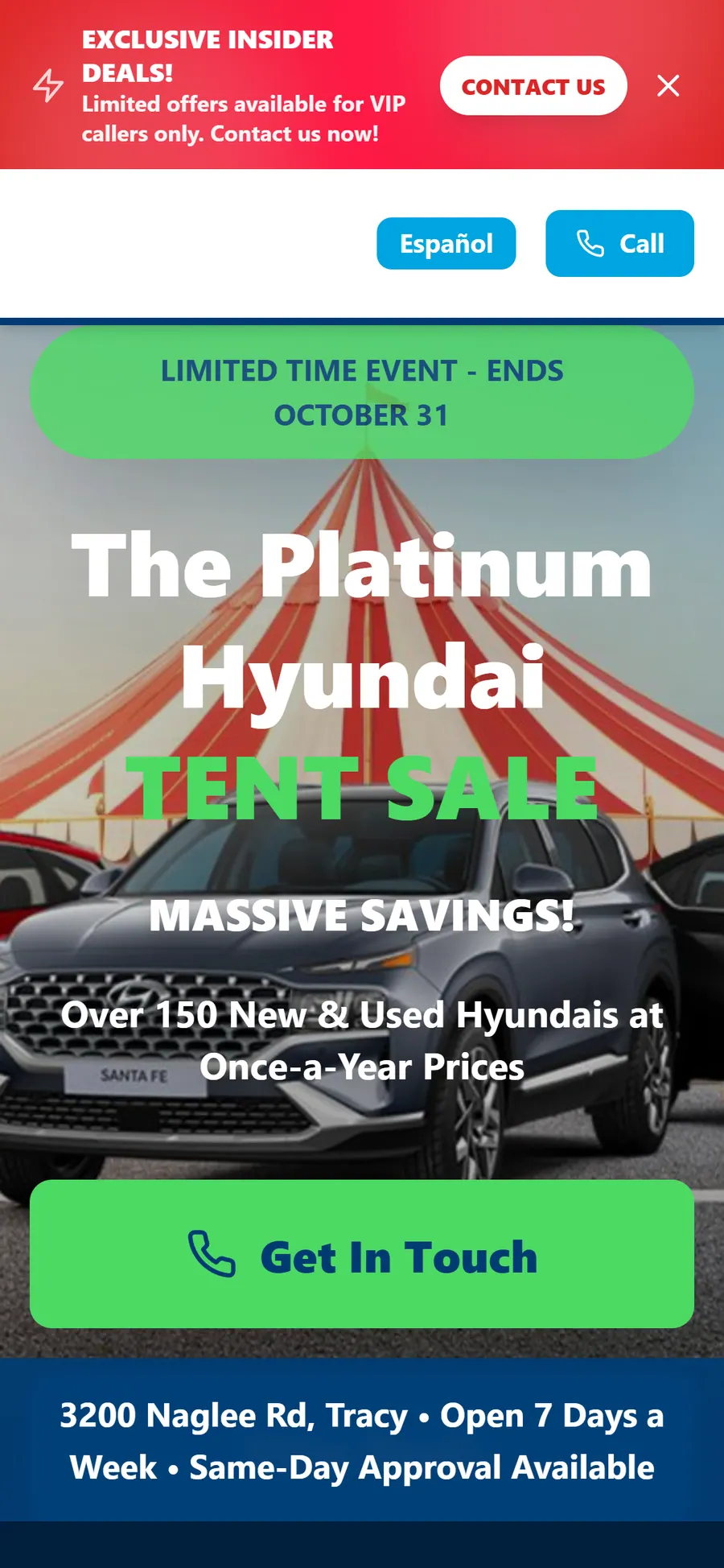 The Tent Sale landing page on a phone: the big-top headline above the pre-approval call to action.