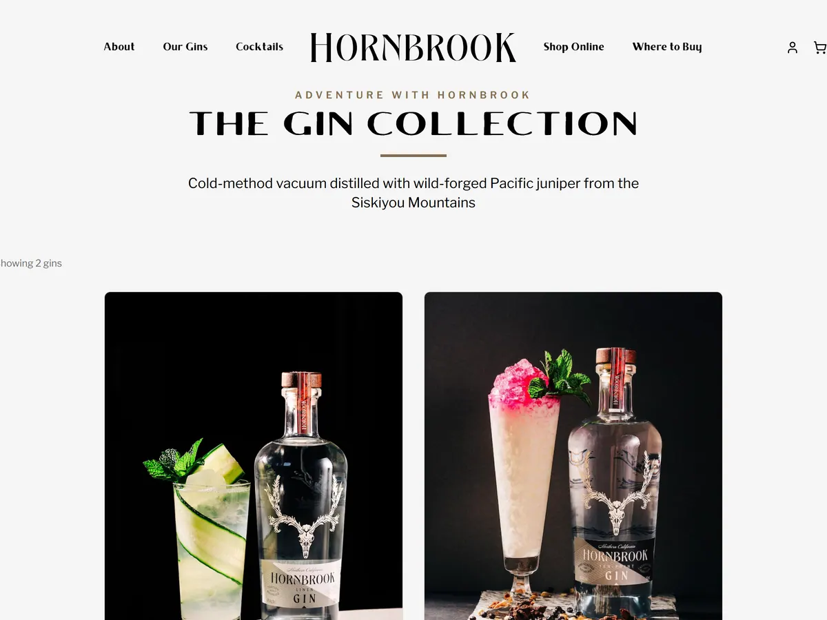 The Hornbrook gin storefront running on Pour Path: "The Gin Collection" above dark product photos of Hornbrook Linen and Ten-Point gin with cocktails.