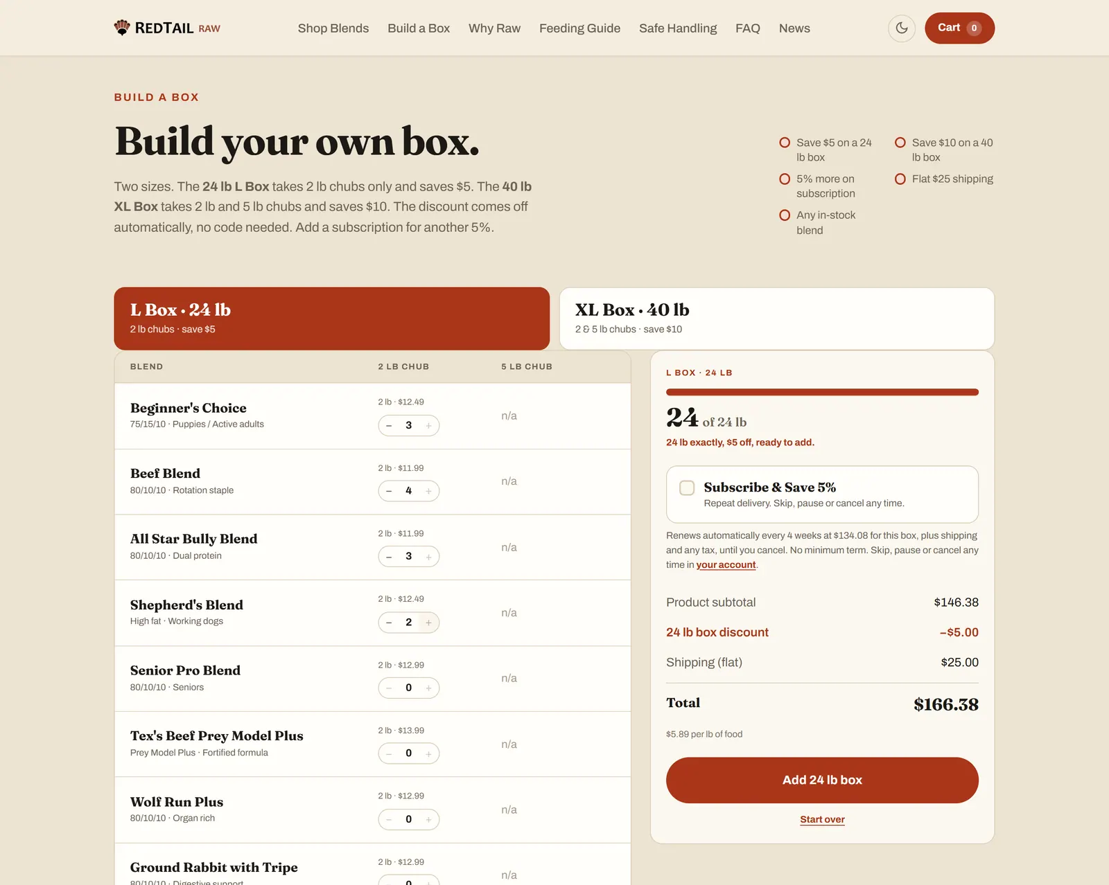 RedTail Raw’s Build a Box: a box filled from four blends, with a progress bar showing it full, the box discount applied automatically and an add-to-cart button for the whole box.