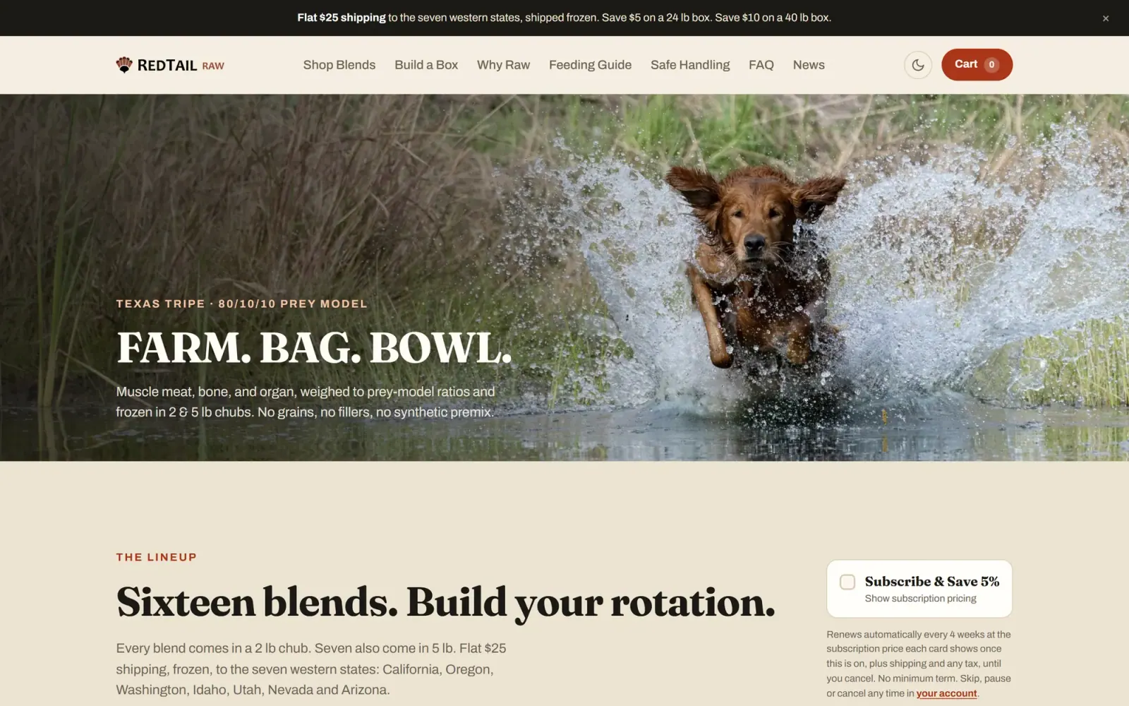 RedTail Raw homepage on desktop: “Farm. Bag. Bowl.” over an image of a red golden retriever charging out of shallow water, under a menu for the blends, Build a Box, Why Raw, the feeding guide, safe handling, the FAQ and news.