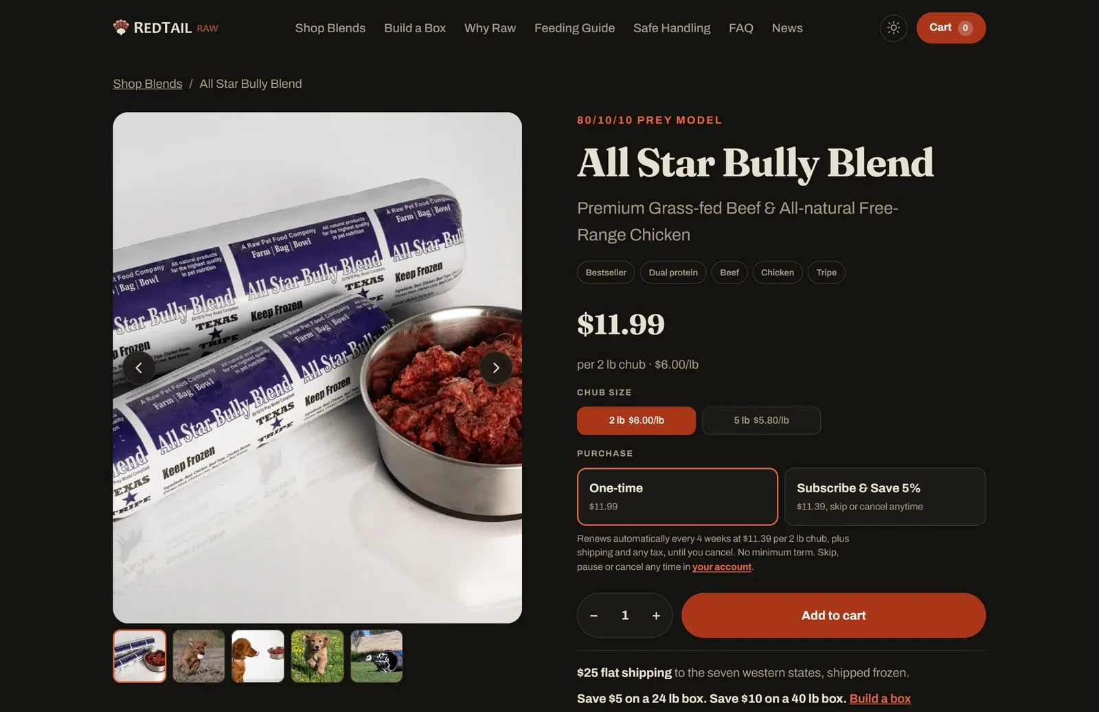 RedTail Raw in dark mode: a product page with its photo gallery, arrows and thumbnails, a choice of chub size, one-time purchase or Subscribe & Save, and an add-to-cart button.