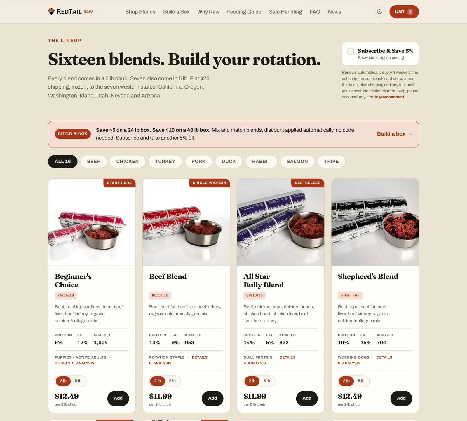 RedTail Raw’s blend lineup: a photo of each frozen chub beside a bowl of raw food, filters by protein, a Subscribe & Save switch, a Build a Box offer, and protein, fat and calories on every card.
