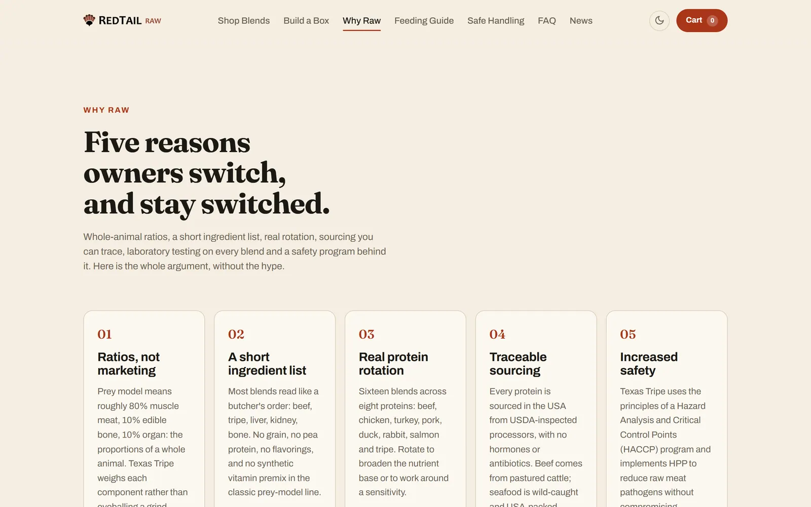 RedTail Raw’s Why Raw page: “Five reasons owners switch, and stay switched.” above five numbered reasons, from ratios and a short ingredient list to sourcing and safety.