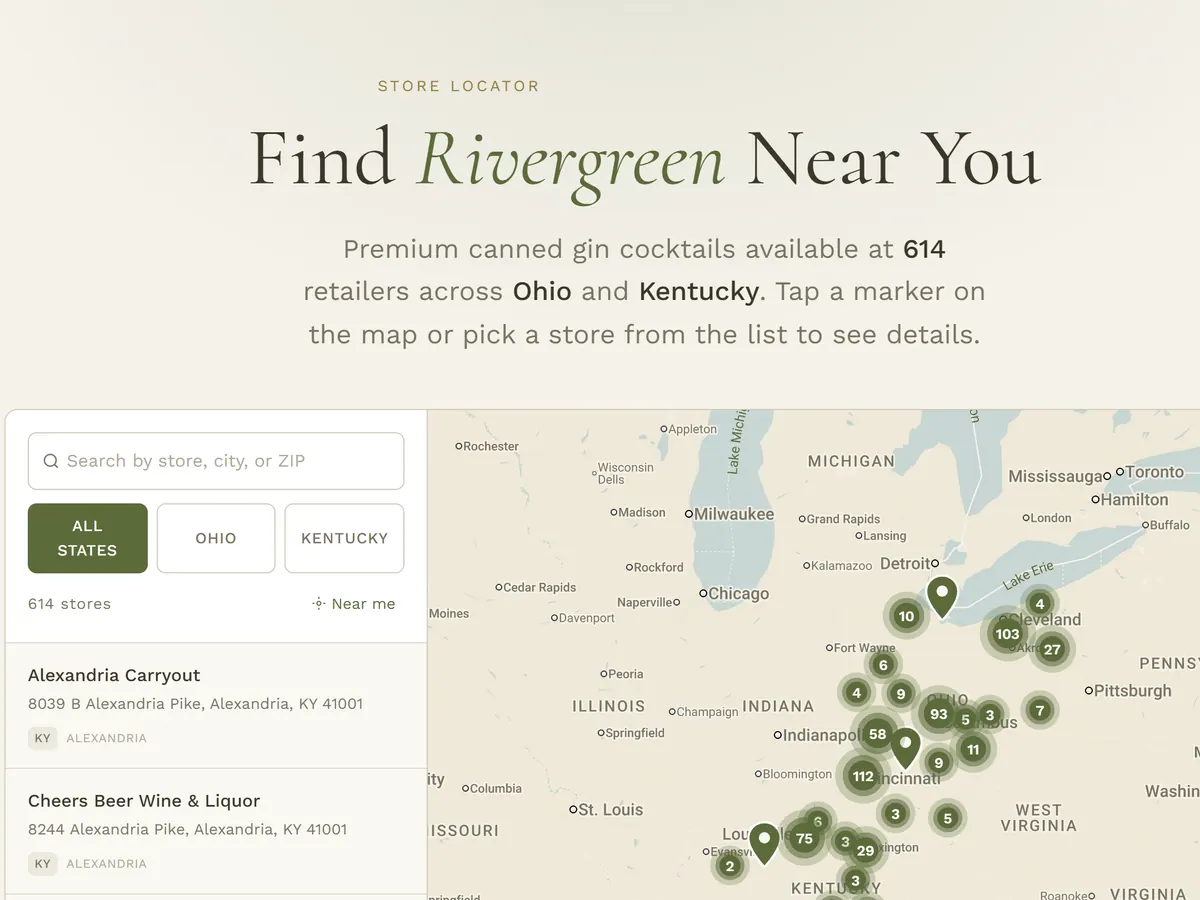 Rivergreen's store locator: "Find Rivergreen Near You", a searchable list of retailers and a map of Ohio and Kentucky with clustered store markers.