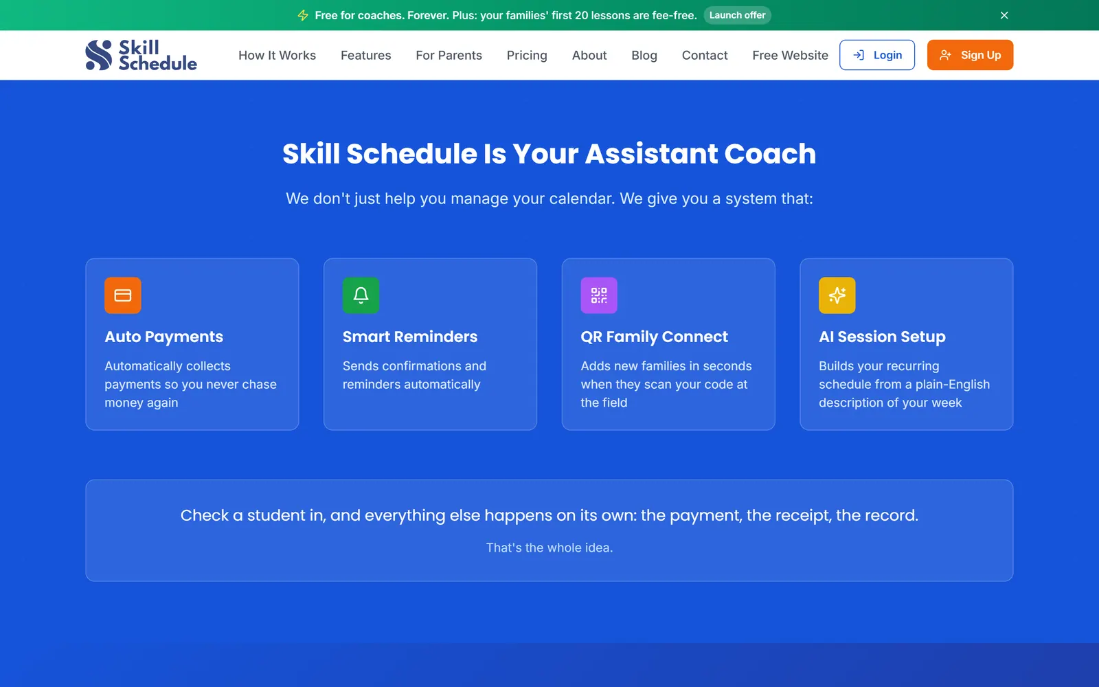 SkillSchedule's "Your Assistant Coach" feature grid on blue: auto payments, smart reminders, QR family connect and AI session setup.