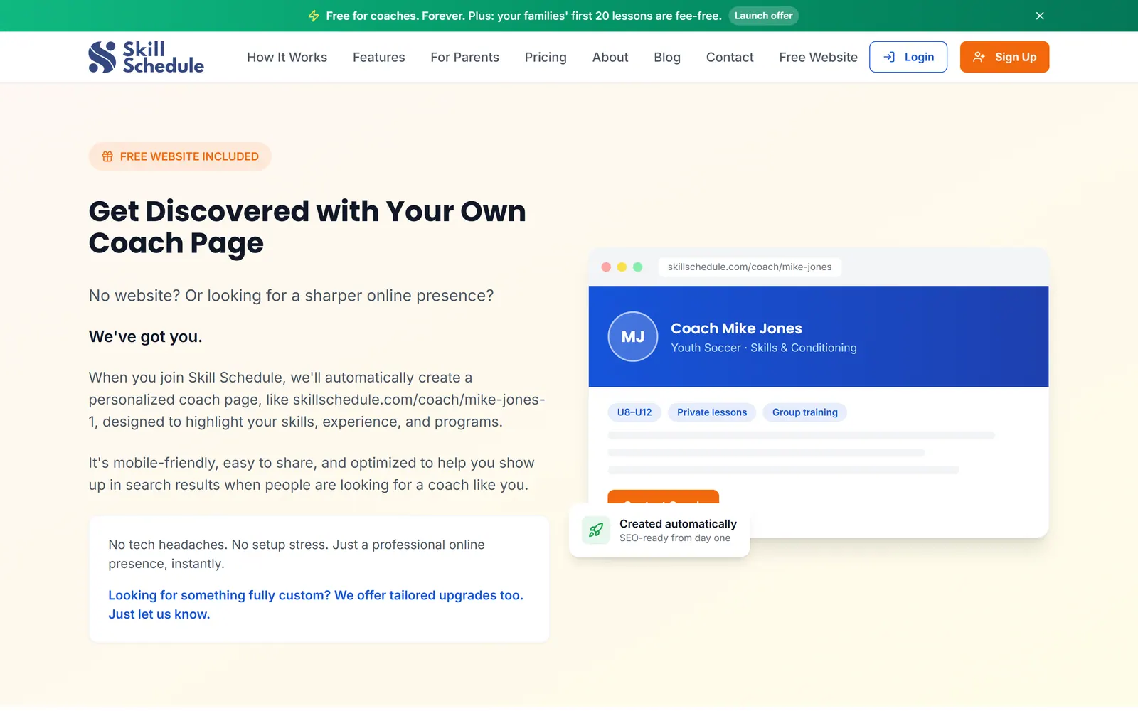 SkillSchedule's "Get Discovered with Your Own Coach Page" section, with a browser mock of an automatically generated coach profile.
