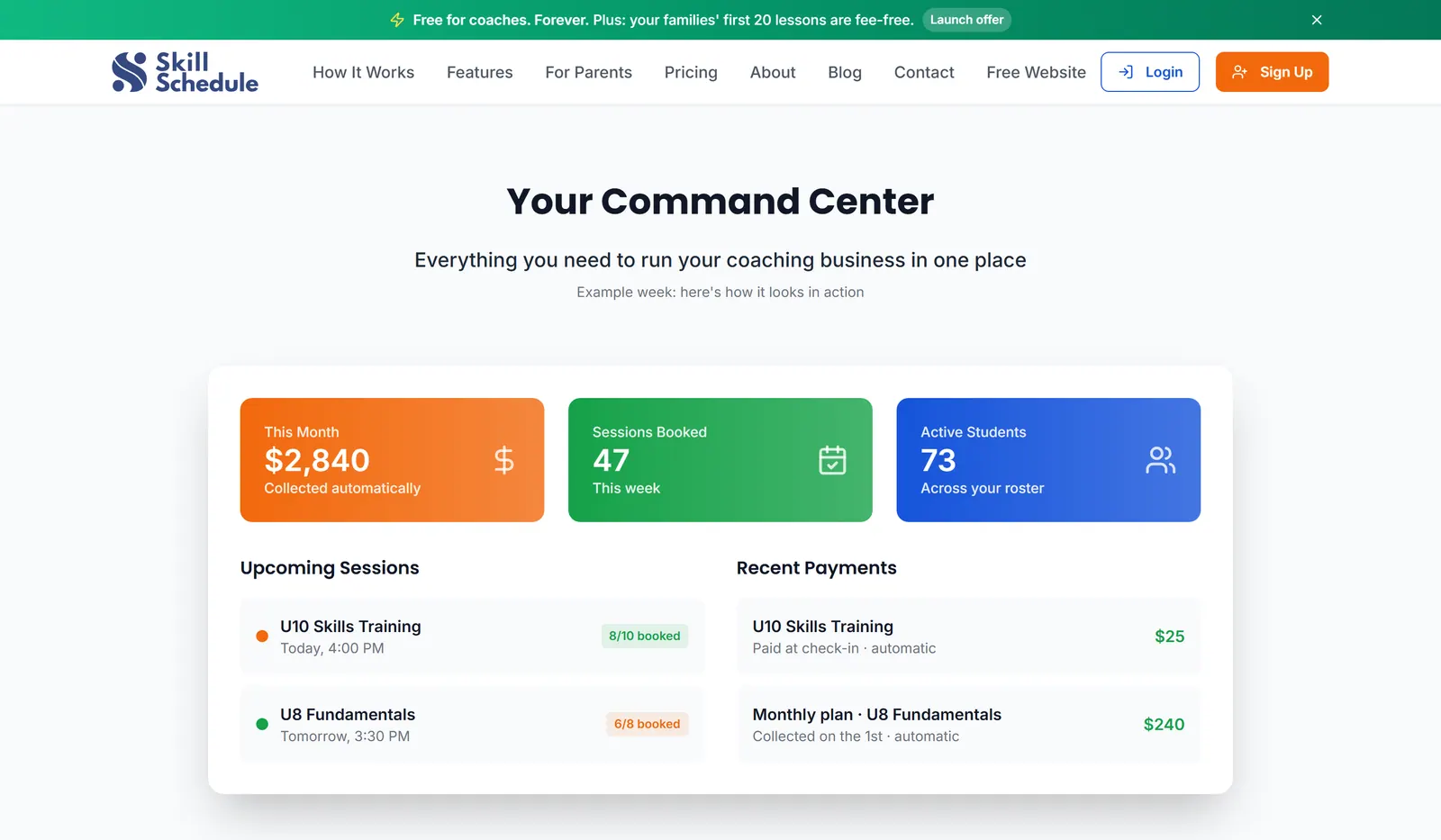 SkillSchedule's Command Center section: an example coach dashboard with earnings, sessions-booked and active-students tiles above upcoming sessions and recent payments.