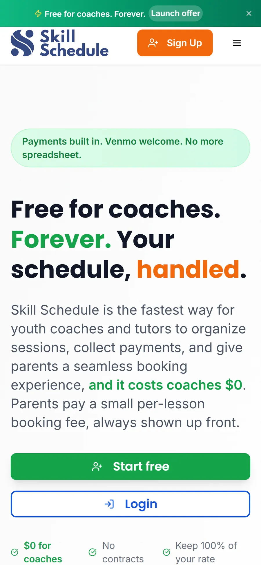 SkillSchedule homepage on a phone: "Free for coaches. Forever. Your schedule, handled." with Start free and Login buttons.