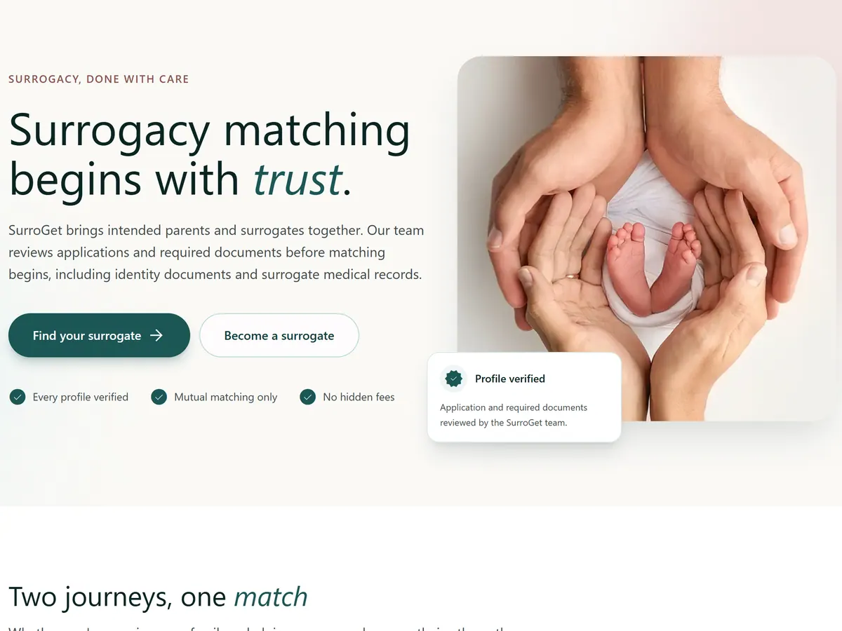 SurroGet homepage: "Surrogacy matching begins with trust." with Find your surrogate and Become a surrogate buttons, beside a photo of hands cradling a newborn's feet and a Profile verified card.