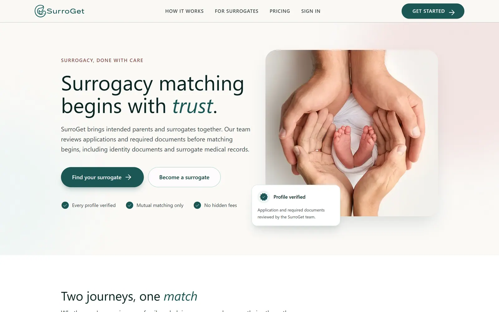 SurroGet homepage on desktop: "Surrogacy matching begins with trust." with verification checks, beside a photo of hands cradling a newborn's feet and a Profile verified card.