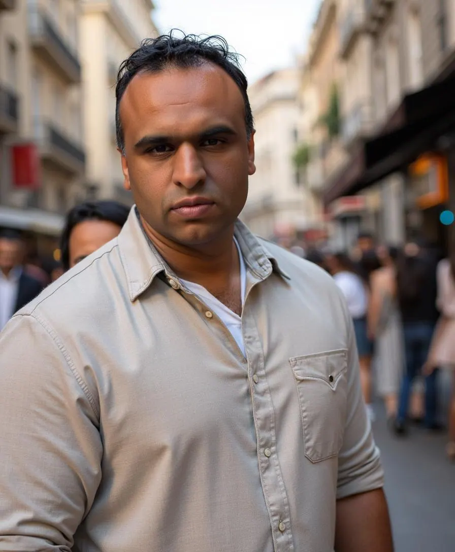 Veer Singh, founder of Synaptech, in a stone-colored shirt on a sunlit city street.