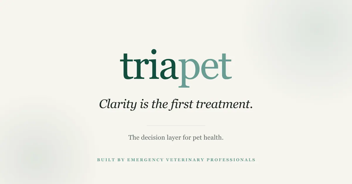 TriaPet brand card on cream: the serif triapet wordmark and the line "Clarity is the first treatment."